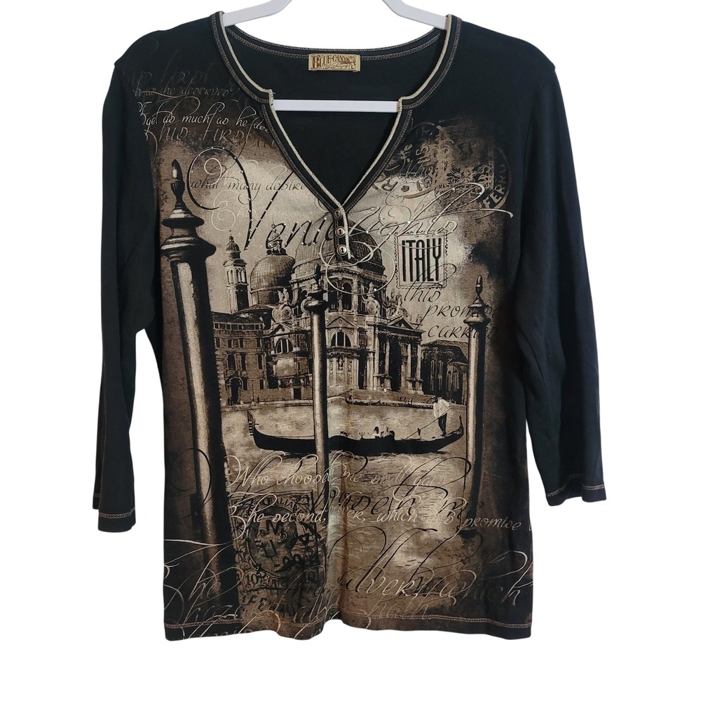 Blue Canyon Venice Italy Graphic Top Black 3/4 Sleeve Rhinestone Henley Large